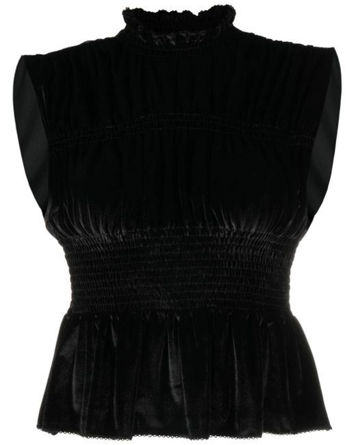 Sandro Elasticated waist Ruffled trim Velvet Top in Black Lyst UK