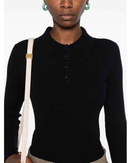 Sandro Black Ribbed-Knit Polo Top