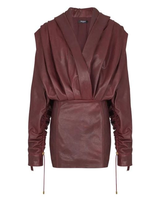 Balmain Purple Hooded Draped Leather Mini Dress
