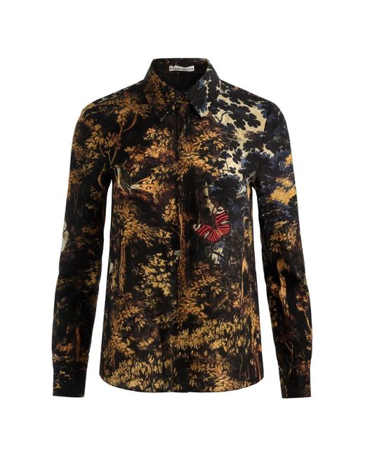 Alice + Olivia Black Willa Floral-Print Silk Top