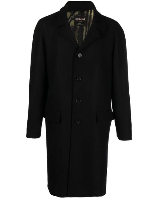 Roberto Cavalli Black Long Single-Breasted Coat for men