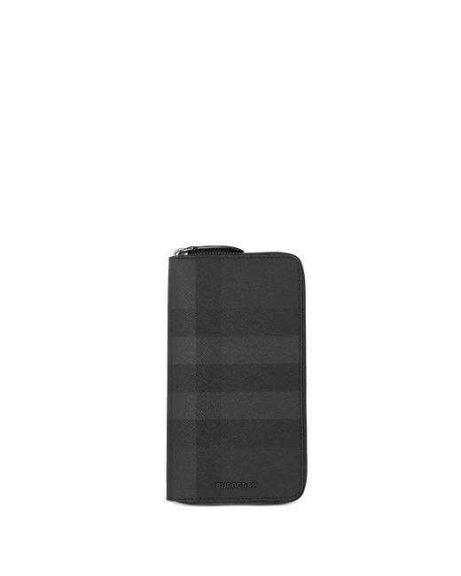 Burberry Black Check Leather Zip-Around Wallet for men