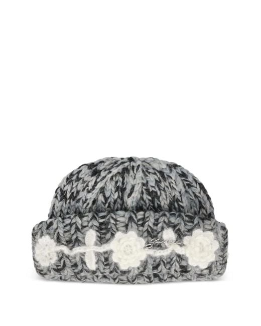 Ganni Gray Flower-Crochet Hand-Knit Beanie Hat