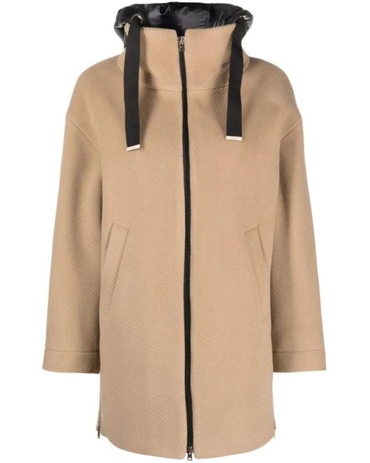 Herno Natural Brown Coat With Padded Hood And Zip Fastening In Wool Woman