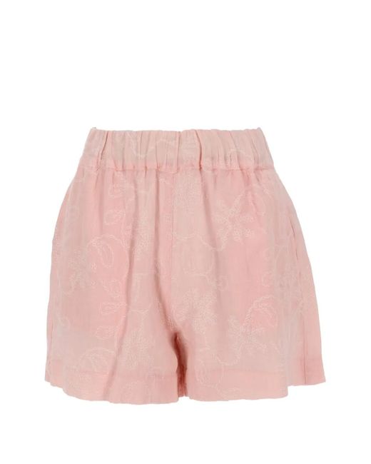 120% Lino Pink Flower-Embroidered Linen Shorts