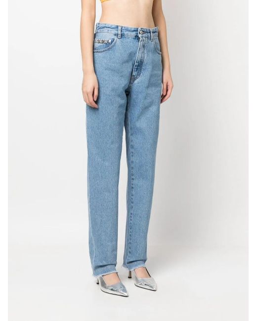 Gcds Blue Straight Jeans With Crystal Embellished Details