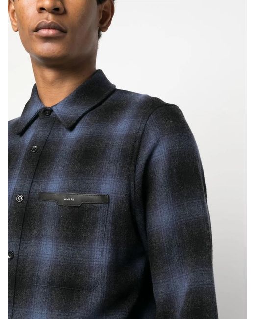 Amiri Blue Logo-Patch Check-Print Shirt for men