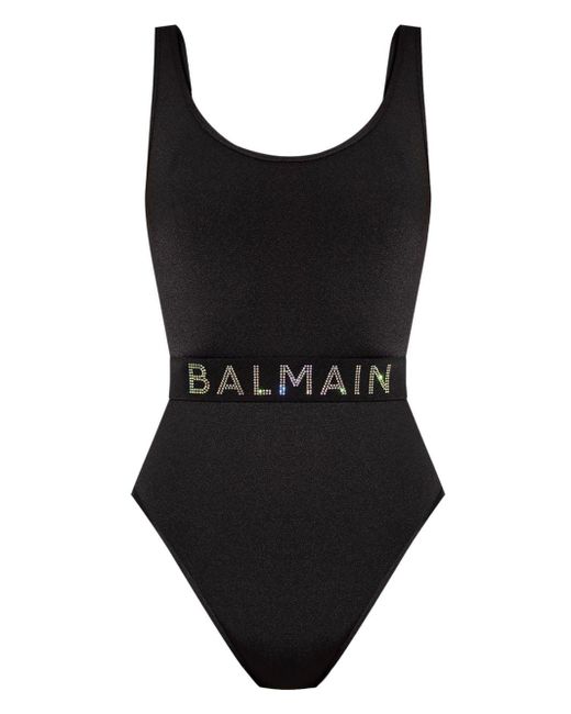 Balmain Black Rhinestone Logo Swimsuit