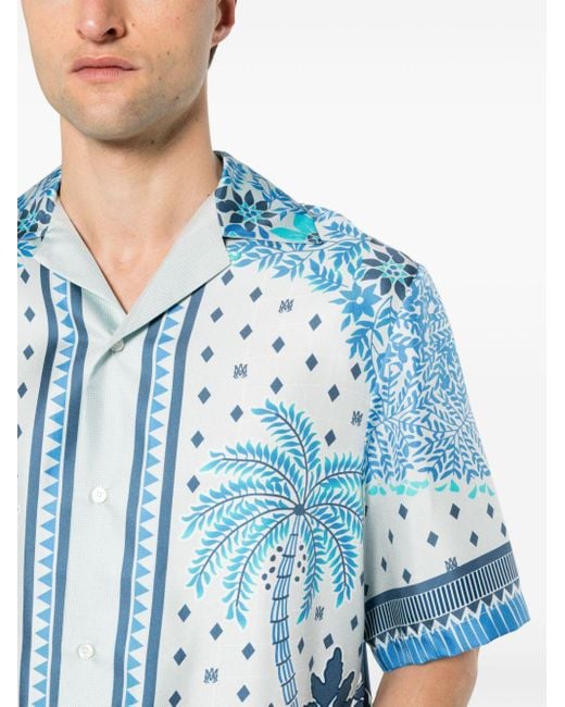Amiri Blue Camp-collar Printed Silk-twill Shirt for men