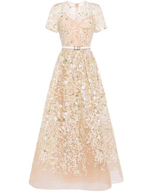 Elie Saab Natural Atom Embroidered Belted Gown