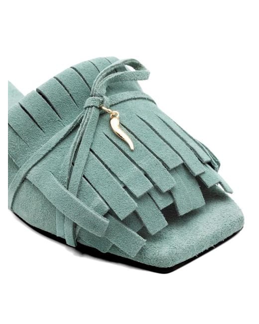 DONNARì Green Fringe-Detail Square-Toe Sandals