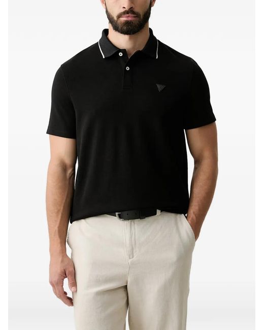 Guess Black Logo-Patch Tipped-Collar Polo Shirt for men