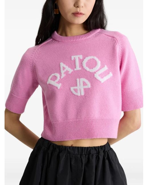 Patou Pink Logo-Intarsia Ribbon-Detailed Sweater