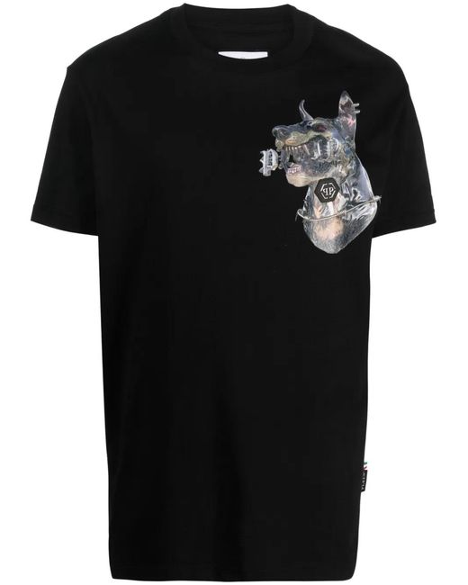 Philipp Plein Black Graphic-Print Cotton T-Shirt for men