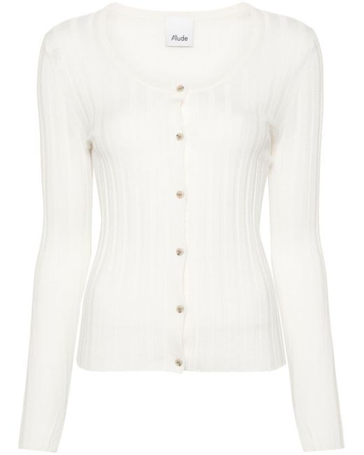 Allude White Ribbed-knit Virgin Wool Cardigan