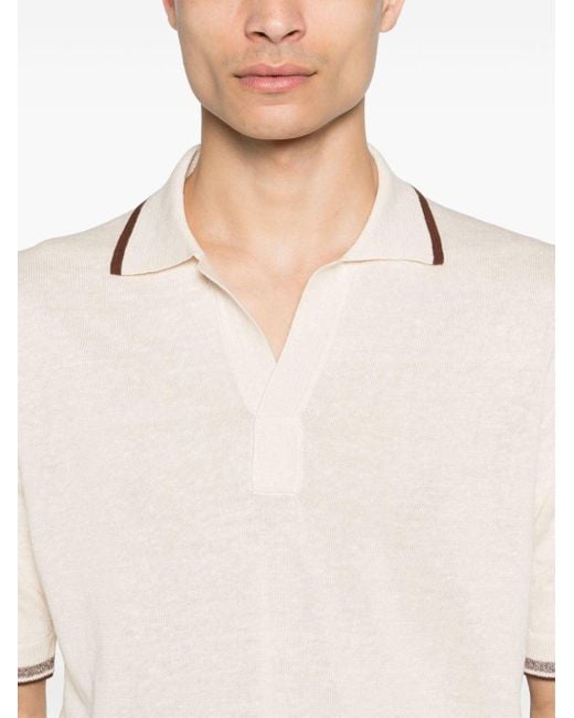 Cruciani Natural V-neck Linen-blend Polo Shirt for men