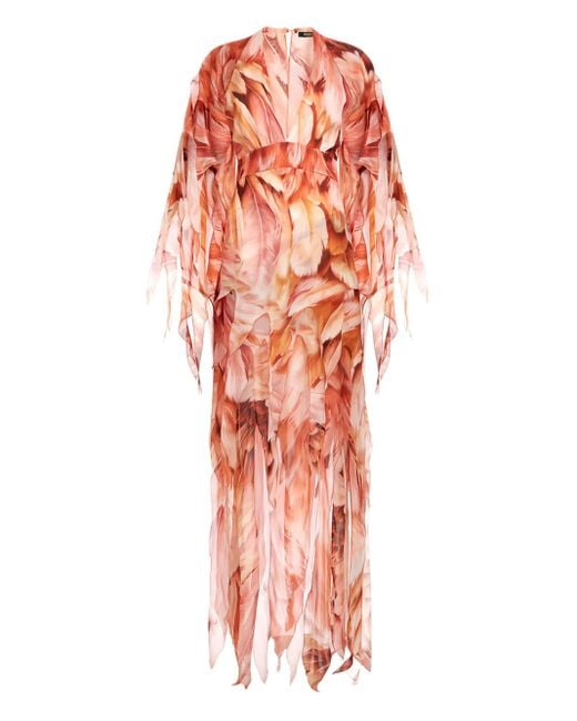 Roberto Cavalli Orange Robe Longue À Effet De Plumes
