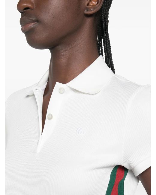 Gucci White Web-Stripe Ribbed Polo Top