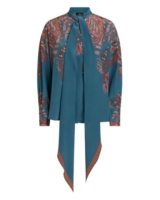 Etro Blouse Met Paisley-Print En Gestrikte Hals in het Blue
