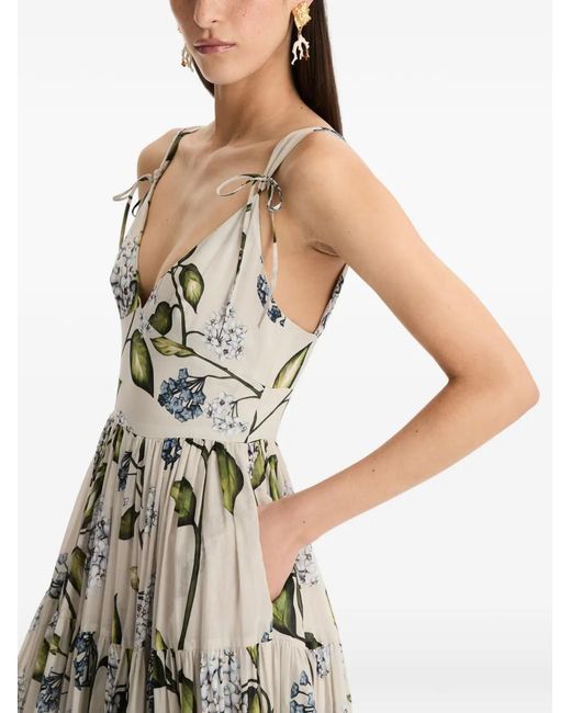 Oscar de la Renta White Porcelain Flowers Pleated Cotton-Voile Midi Dress
