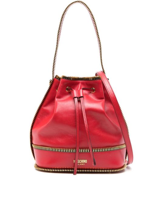 Moschino Red Zip-detail Leather Bucket Bag