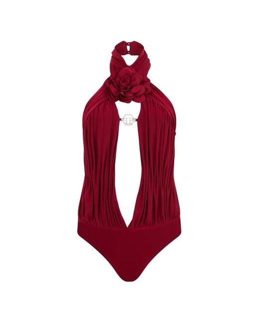 Philipp Plein Red Flower-Detail Cut-Out Bodysuit