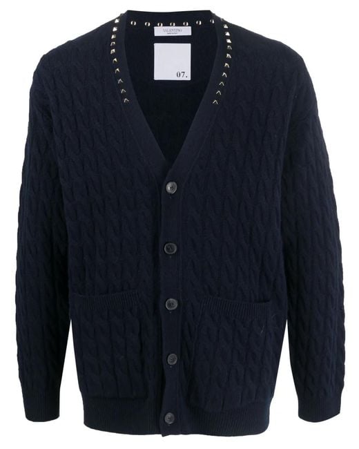 Valentino Garavani Blue Rockstud-Embellished Cable-Knit Cardigan for men