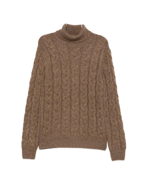 Gran Sasso Brown Cable-Knit Roll-Neck Sweater for men