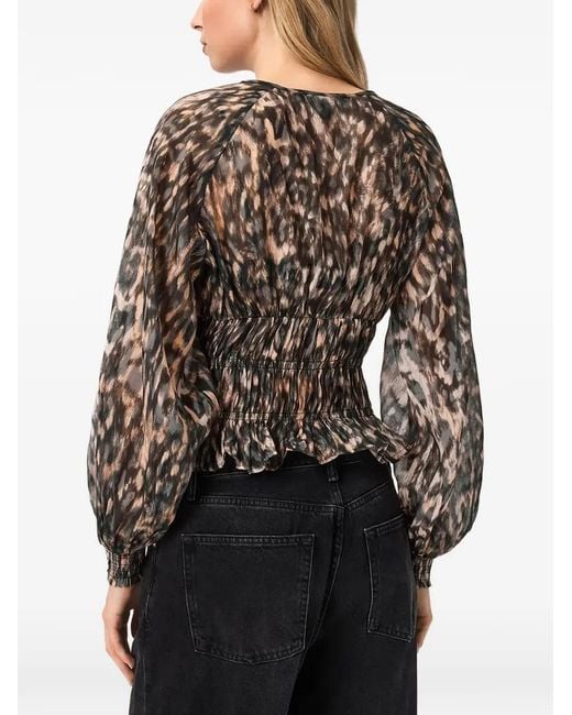 AllSaints Black Cern Leopard-Print Shirred Blouse