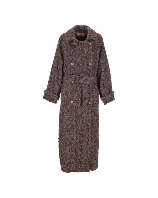 Kristina Ti Brown Herringbone-Pattern Belted Coat