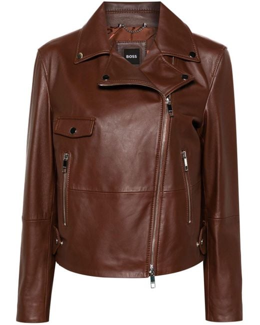 Boss Brown Double-breasted Leather Biker Jacket