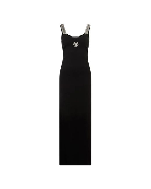 Philipp Plein Black Long Tank Dress Strass Hexagon