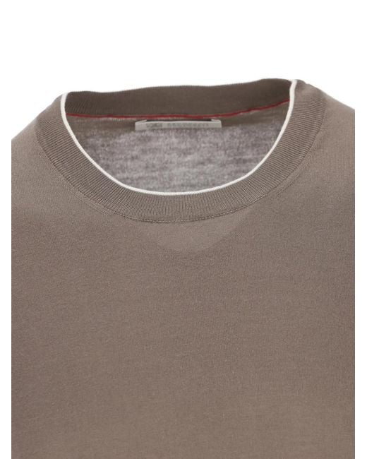Brunello Cucinelli Gray Cotton Lightweight Knit T-Shirt With Contrast Details for men