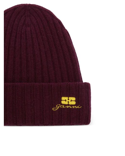 Ganni Red Ribbed Beanie