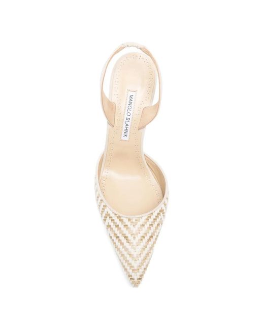 Manolo Blahnik White Carolyne Woven-Raffia Slingback Pumps