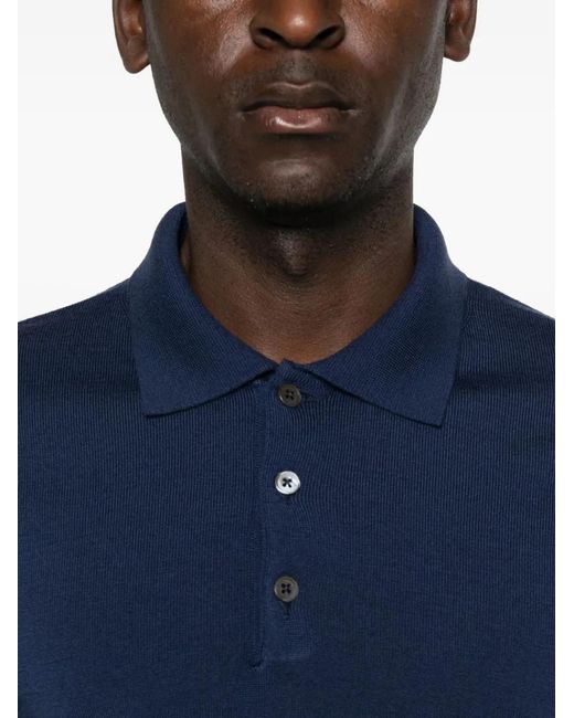 Corneliani Blue Ribbed Long-Sleeve Polo Shirt for men