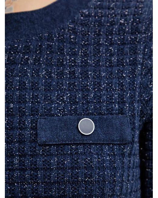 Morgan Blue Basket-Weave-Knit Faux-Pocket Mini Dress