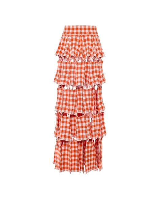 A.W.A.K.E. MODE White Gingham-Print Cut-Out Maxi Skirt