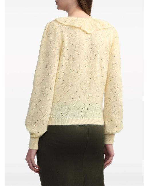 Alessandra Rich Natural Heart-perforated Ruffled-neck Cardigan