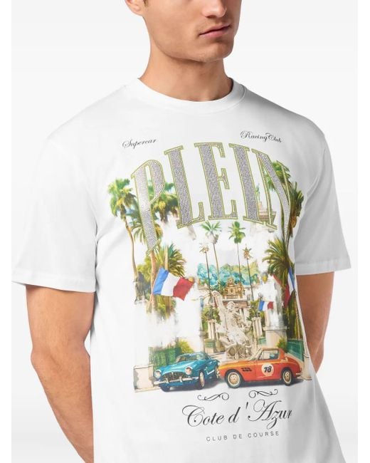 Philipp Plein White T-Shirt Round Neck Ss Club The Course Stones for men