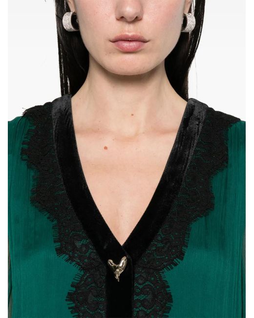 Nissa Green Lace-Insert Silk Mini Dress