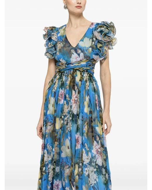 Nissa Blue Ruffled Floral Print Midi Dress