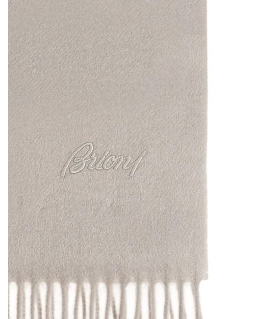 Brioni Gray Logo-embroidered Fringe Scarf for men