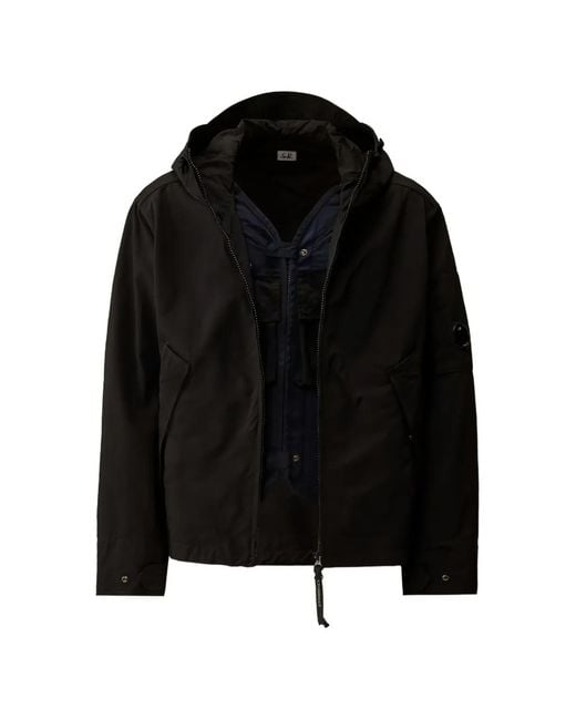 C P Company Black Twill Hooded Lens Jacket for men