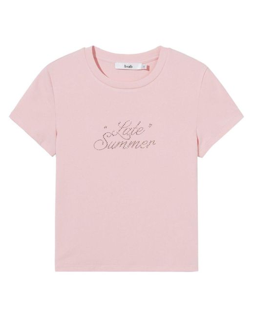 Camiseta con eslogan de strass B+ AB de color Pink