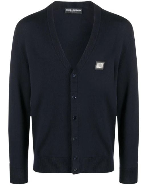 Dolce & Gabbana Blue Logo-Plaque Wool-Blend Cardigan for men