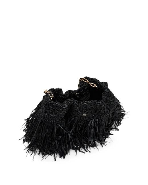 Ba&sh Black June Fringed Raffia Clutch Bag