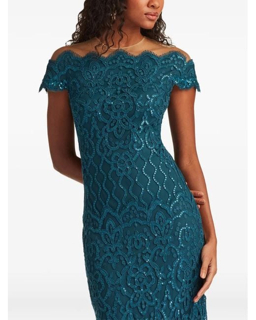 Tadashi Shoji Blue Sequin-Embellished Lace-Overlay Maxi Dress
