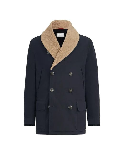 Brunello Cucinelli Blue Bonded Nylon Double-Breasted Coat With Shearling Lining for men