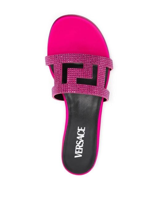 Versace Pink Greca Maze Crystal Flat Sandals